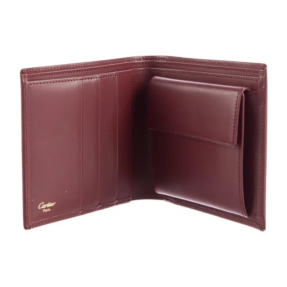 Pristine Pasha de Cartier Burgundy Leather Bifold & Coins Wallet with Gold Logo